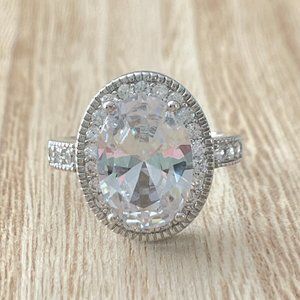 Oval Simulated Diamond Vintage Halo Ring - 925 Sterling Silver